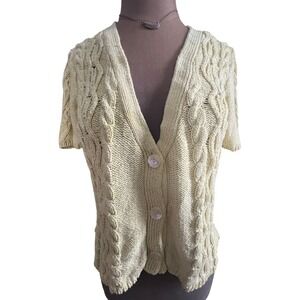 butter yellow Cable Knit cropped Short Sleeve V-Neck Button Cardigan Sweater M